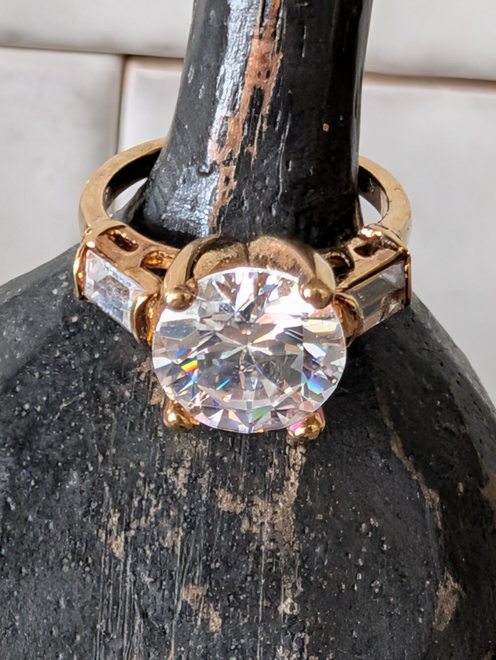 Gold-Tone Gold Electroplated Solitaire Cubic Zirconia Ring Size 5